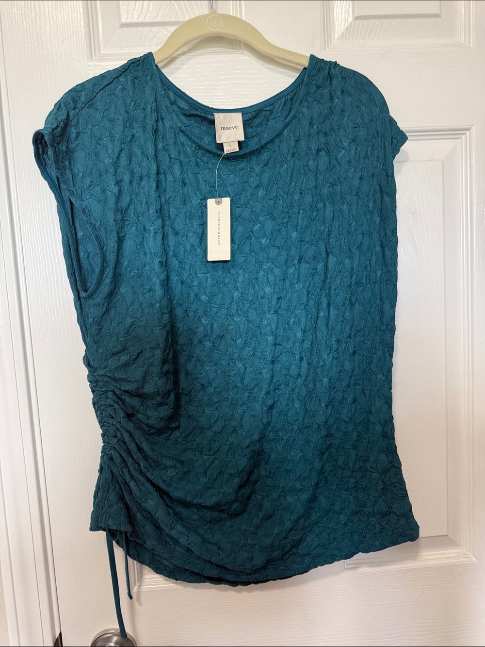 Maeve Teal Textured Short-Sleeve Ruched Tank Top Sz L NWT